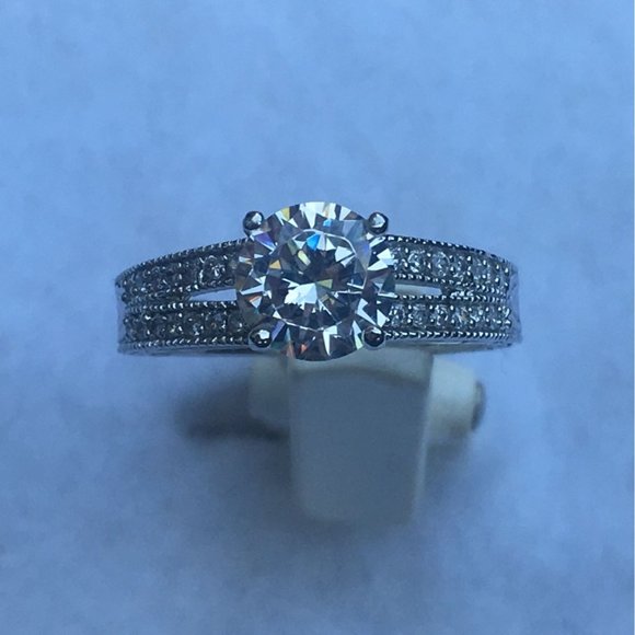 Sterling Silver Ring, Solitaire With Accents, Cubic Zirconia, Engagement, Size 9 - Picture 1 of 10